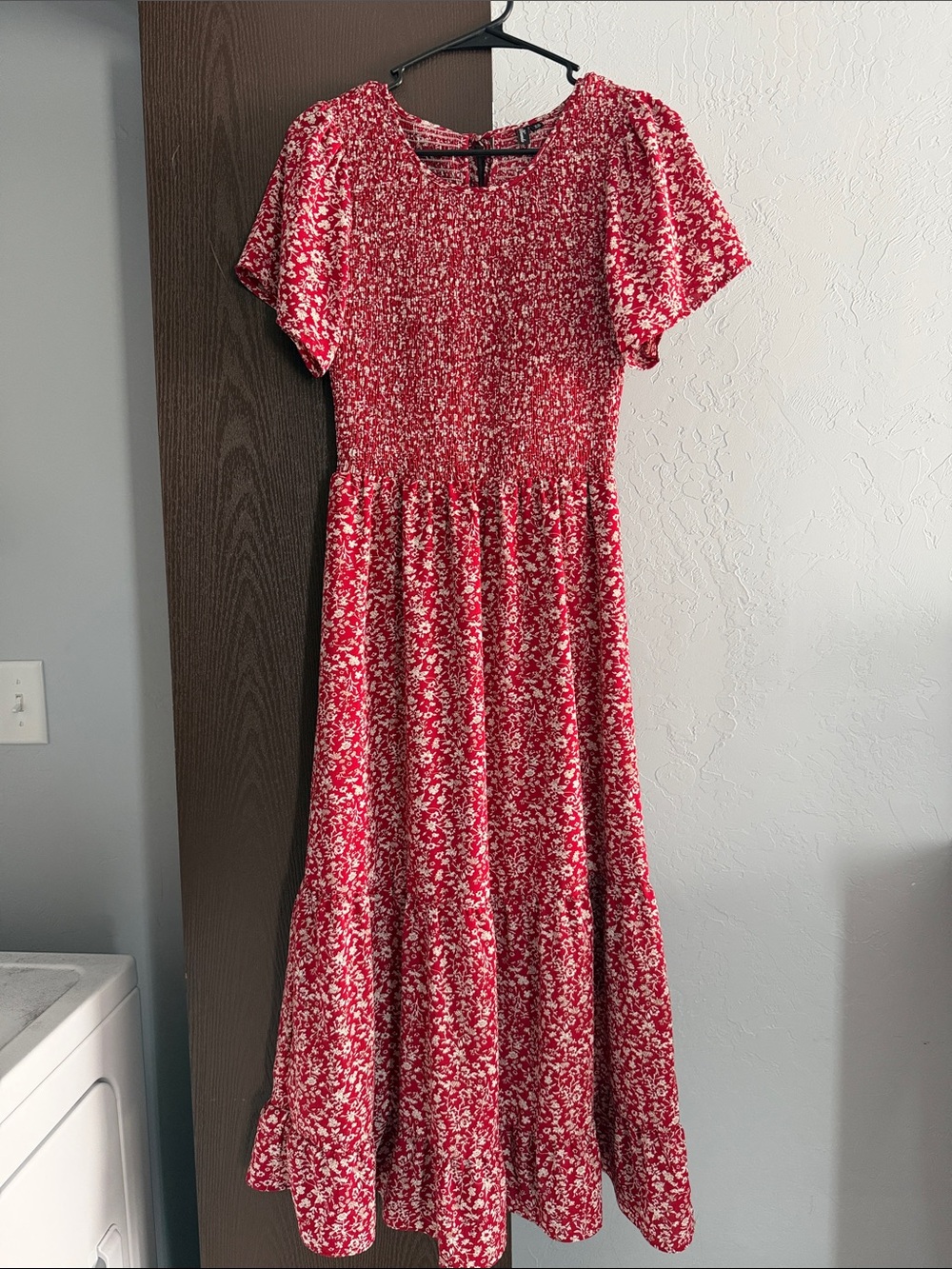 Red Floral Smocked Midi Dress - Women's
